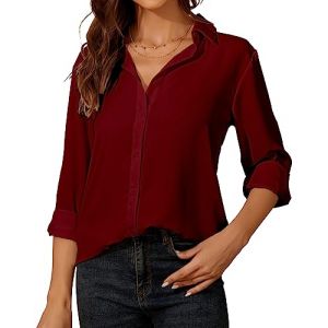 Chemisier Blanc Femme Chic Et &eacute;l&eacute;gant &agrave; Manches Longues pour Femme - Chiffon Chemisier avec Boutons - Col en V Haut D&eacute;contract&eacute; - pour Le Bureau Travail pour Femme Blouse (SpringSeaon, neuf)