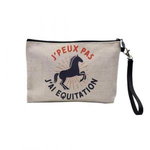 Pochette en Lin - J'Peux Pas J'Ai Equitation Cheval Poney Dressage - Trousse Maquillage en Toile Aspect Lin - Trousse de Toilette - 23,5 x15 cm (FabulousBOUTIK, neuf)