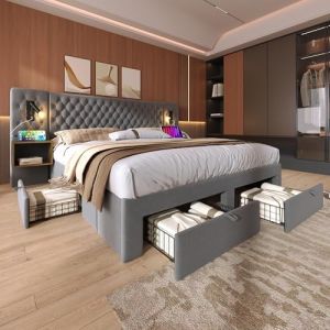 Lit 160x200 avec Sommier LED et USB, Lit Coffre 160x200 avec 4 Tiroirs 2 Tables de Chevet et Tete de Lit, Lit Double avec à Lattes, Lit 2 Personnes Lit Rembourré Cadre de lit 160x200(Sans Matelas) (ZEYNEP OZTURK LIMITED, neuf)
