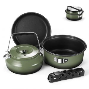Odoland Lot de 5 ustensiles de cuisine de camping avec casserole, po&ecirc;le et bouilloire antiadh&eacute;sives et l&eacute;g&egrave;res avec poign&eacute;e amovible - Parfait pour la randonn&eacute;e, le camping, la marche et le (Aveka, neuf)