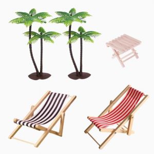 Set Mini Accessoires Plage : 2 Transats (Noir - Rouge) + 2 Arbres (13 cm) + 1 Table Pliante &ndash; Id&eacute;al pour Jardins Miniatures & DIY Cr&eacute;atif (ROBFLOR MARKET CARS, neuf)
