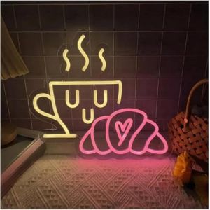 Jeocoai Enseigne lumineuse au n&eacute;on Enseigne lumineuse Caf&eacute; et Pain pour une d&eacute;coration de caf&eacute;-restaurant en forme croissant, mur f&ecirc;te(30cmx27cm) (ChengDuJiuYueXingDianZiShangWuYouXianGongSi, neuf)
