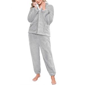 Tuopuda Pyjama Noel Pilou Pilou Femme Chauds Polaire 2 pi&egrave;ces, Haut Tops avec Pyjama Pantalon Doux Nightwear Nuisette V&ecirc;tements de Maison Idee Cadeau Femme Maman Mamie, Gris, L (GHF-Direct, neuf)