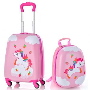 GOPLUS 16” Valise Enfant à roulettes avec 12” Sac à Dos, Motifs Mignons Divers, Espace Suffisant, Surface Etanche, roulettes Silencieuses et Lisses, Hauteur de Poignée Réglable (Licorne) (Augenstern24, neuf)