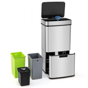 COSTWAY Poubelle Cuisine Automatique 72L en Acier Inox avec réservoir scellée 3,5L, Poubelle Tri Selectif 2 x 11L Seaux Amovibles, Cerclage, Anti-Empreintes, Anti-pinçage, Interrupteur (FDS GmbH, neuf)