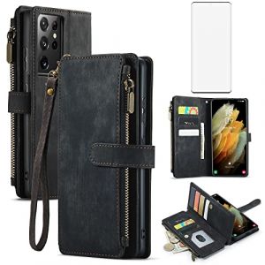 Asuwish Coque pour Samsung Galaxy S21 Ultra 5G Portefeuille avec Verre Tremp&eacute; et Porte Carte Chaine PU Cuir &agrave; Clapet &Eacute;tui Housse Support S21Ultra5G S 21 S21Ultra G5 T&eacute;l&eacute;phone Case Femme Homme Noir (Asuwish FC UK Store, neuf)