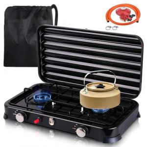 Inoamity Réchaud Gaz GPL Camping Portable 2 Feux 4.4kW - Allumage Automatique, Tuyau PVC 150 cm + Régulateur 37 mbar - Rechaud Pique-Nique pour Randonnée, Pêche,Noir (ANNA DZINTARE, neuf)