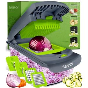 Coupe Legumes Multifonctions - Spiraliseur et Decoupe Legumes Manuel - Coupe Legume Cube Oignon Carotte Concombre Tomates Fruits - Cuisine Accessoires (4-en-1 Gris/Vert) (Yellapro Limited, neuf)