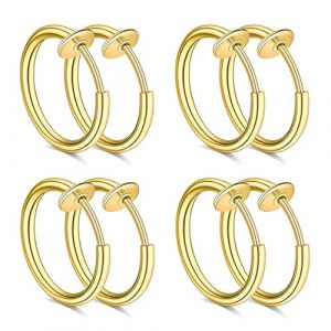 LEPZUR Fausse Boucle D'Oreille Homme, 4 Paires De Boucles D'Oreilles Clips En Acier Inoxydable, Sans Per&ccedil;age, Or, Anneaux Et Cr&eacute;oles, 10Mm (GloriseGO, neuf)