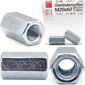 Écrous longs M 20 x 60 mm DIN 6334, lot de 2, manchon fileté hexagonal, acier galvanisé, douille filetée, rallonge pour tige filetée, entretoise de raccordement, classe de résistance 5 (LUN FIX, neuf)