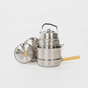 BOXIO - Cookware : po&ecirc;le de camping et casseroles en acier inoxydable Vaisselle de camping avec po&ecirc;le, bouilloire et casseroles id&eacute;ales pour la cuisine de camping, le r&eacute;chaud &agrave; gaz ou le r&eacute;chaud de (Duschkraft, neuf)