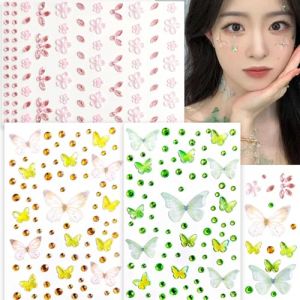 3 Feuilles Strass Autocollant Visage Papillons, Tatouage Temporaire Papillon Strass Autocollant Visages, Tatouage Visage Papillon Autocollants Strasses Visages pour Femme Carnaval, Cosplay (B) (HB ELECTRONICS LIMITED, neuf)