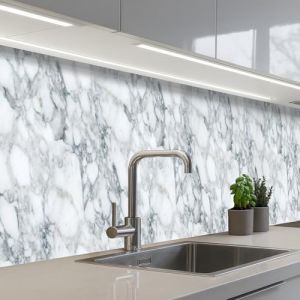 KitchenYeah© Crédence Cuisine À Coller 60x350 cm Protection Plaque De Cuisson Adhesif Plastique Rigide Dalle Murale Mosaïque - Marbre - Blanc - Irrégulier (KitchenYeah, neuf)