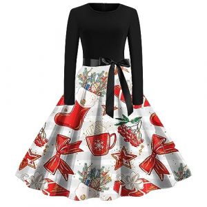 WVONIF Robe No&euml;l Femme Chic Robe Moche Noel Mignon Imprimer De No&euml;l Robe De No&euml;l pour Femme Vintage r&eacute;tro ann&eacute;e 50s pin-up Rockabilly Swing &agrave; Pois Robe de Soir&eacute;e Chic D&eacute;guisement P&egrave;re No&euml;l Adulte (BAULMD（90% Big Promotion Without Discount Code ）, neuf)