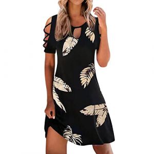 NNGOTD Robe d'été pour Femme Longue Pas Cher Midi Chic Mi Longue Robe D'été Décontracté Midi Robes Manche Courte Lâche Impression Sexy Dress Mi-Longue Genoux Jupe Robe Priere Musulmane Femme (BAULMD?90% Big Promotion Without Discount Code ?, neuf)