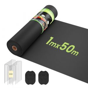 OUNUO Toile de Paillage 1mx50m avec 50 Piquets, G&eacute;otextile Non Tiss&eacute; 100 g/m&sup2;, Anti-Mauvaises Herbes Tissu, Perm&eacute;able &agrave; l'eau, R&eacute;siste Rayons UV, R&eacute;sistant, Noir (KIDSFunShop, neuf)