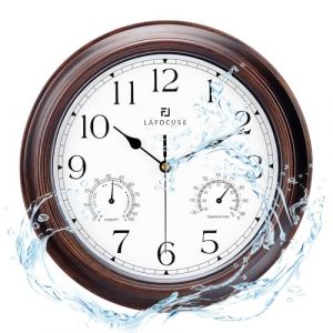 Lafocuse 30cm Horloge Murale Exterieure Etanche avec Thermomètre et Hygromètre, Vintage Acajou Pendule Murale Retro, Silencieuse Shabby Chic Deco pour Extérieur, Jardin, Balcon, Salle de Bain, Cuisine (QuareBest, neuf)