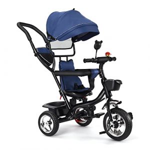 Tricycle Enfants évolutif Canne et Pare-Soleil Pliable Amovible Sacoche et Panier Acier Tricycle Enfant Évolutif, Vélo, Accessoires, jusqu'à 5 Ans (4 en 1 (Bleu Foncé)) (Hechheu, neuf)