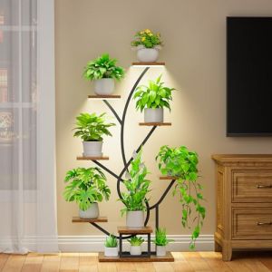 BACEKOLL Support pour plantes avec lumière de croissance - 8 niveaux - 126 cm - En métal et bois - Étagère à plantes - Pour l'intérieur et l'extérieur - Noir - Étagère à fleurs décorative pour (Bestlead, neuf)
