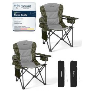KingCamp Lot de 2 Chaise Pliante Camping pour Adultes, Haut de 205 kg, Chaise de Camping Pliable avec Réglable Soutien Lombaire & Sac Isotherme & Accoudoirs, Dossier Haut Chaises pour Jardin, Vert (KingCamp EU, neuf)