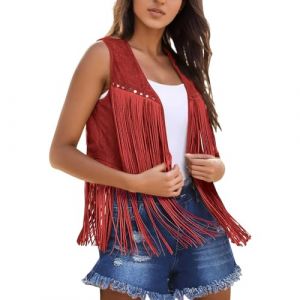 NaLatia 2024 Gilet à Frange Hippie Femme été Haut Veste Manteau Frangé sans Manches Vintage Daim Chic et Elégant Casual Grande Taille Mode Ethnique Cardigan Leger Court Western Cowboy Extérieur Mode (GUnakd, neuf)