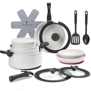 ROSSETTO – Set de cuisine comprenant 23 pièces. Une marmite, une sauteuse, des poêles et des casseroles le tout empliable, poignée amovible, Avec un revetement anti-adhésif, sans PFOA et PFOS (ROSSETTO, neuf)