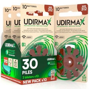 30 Piles Auditives Taille 312 Udirmax PR41 Marron Zinc-Air Eco Pack - 3 Blisters Écologiques de 10 Piles (Eurocali, neuf)