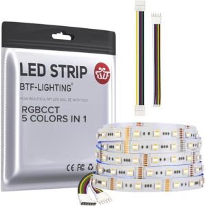 BTF-LIGHTING RGBCCT 5 Couleurs en 1 LED 5050SMD RGBWW RGB+Dimmable Temp&eacute;rature de Couleur Accordable 2700K-6500K 5M 60LED/m 300LEDs Ruban Lumineux LED Multi-Couleurs IP30 DC12V Pour D&eacute;coration (BTF-LIGHTING EU, neuf)
