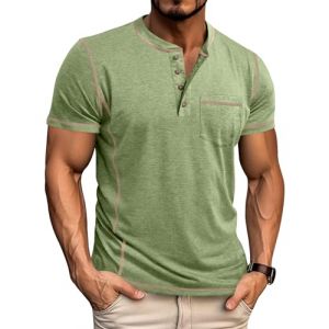 LAOARA Tee Shirt Homme T Shirt T-Shirts &agrave; Manches Courtes Homme Henley Col Tunisien Boutons L&eacute;g&eacute;re Tshirt Vert M (Laoara Store, neuf)