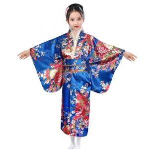 G&eacute;n&eacute;rique Kimono Japonais pour Filles Enfant Fille Peignoir Satin Pyjama Kimono Robe de Chambre &agrave; Manche Longue Fille Peignoir Mariage F&ecirc;te Performance Robe (01C-Blue, 9-10 Years) (Beythetly, neuf)