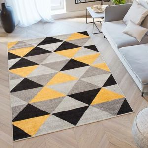 TAPISO Lazur Tapis Poil Ras Moderne Noir Jaune Gris Géométrique Motif Mosaïque Triangles Tapis Salon Chambre Adulte Salle à Manger Bureau Oeko-TEX Résistant 200 x 290 cm (TAPISO-FR, neuf)