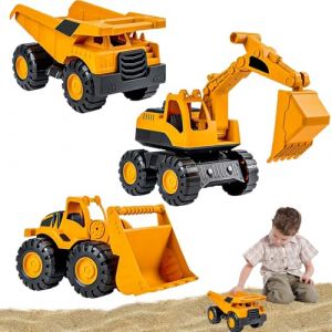 GYHWOFUL Set de 3 véhicules de Chantier pour Enfants – Jouets de Sable Tractopelle Enfant, Camion Benne, Bulldozer et Pelleteuse Enfant à Friction, Jouets Robustes pour bac à Sable, Plage et Jardin (YOGYHKE, neuf)