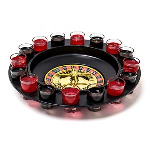 Roulette &agrave; boire, lot de 2, jeu de soir&eacute;e, avec tambour dor&eacute;, 2 billes,16 verres shot par jeu, rouge et noir (Relaxdays, neuf)
