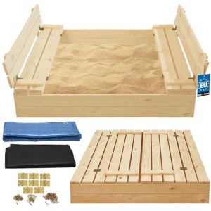 KOTARBAU® Bac À Sable en Bois Traité 120x120 cm Bois Naturel Imprégné Bac À Sable Enfant Extérieur Bac À Sable Refermable Bac À Sable avec Couvercle Bac À Sable Bois Bac À Sable Enfant avec Couvercle (KOTARBAU, neuf)