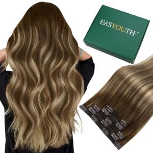 Easyouth Extension Clip Cheveux Naturel Brun Balayage Extension a Clip Cheveux Humain Ombre Brun Moyen &agrave; Fraise Blonde Remy Extension de Cheveux a Clip Double Trame #4/27/4 35cm 70g 5Pcs (Easyouth Hair, neuf)