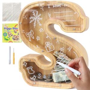 Lakpopya Tirelire en Bois Grande pour Enfant Adulte Tirelire Cochon Personnalis&eacute;e de Lettres A-Z avec Zone Cible Tirelire Billet Transparente Cr&eacute;ative pour Cadeau D&eacute;coration Bapt&ecirc;me (S) (Never fail, neuf)