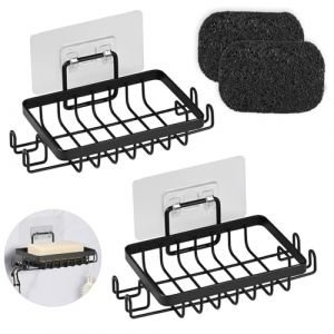 YoHyien 2 Pi&egrave;ces INOX Porte Savon Douche sans Per&ccedil;age, Auto-Adh&eacute;sif Porte Savon Mural avec Crochets et &Eacute;conomiseur de Savon, Support Savon Mural pour Salle de Bain et Cuisine (Noir) (YoHyien, neuf)