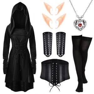 Herefun Robe Médiéval Femme avec Capuche, Deguisement Renaissance, Costume Medievale Femme avec Corset Bas Noirs Oreilles d'Elfe pour Halloween Carnaval Cosplay Fête (black, m) (HALOROMAN  ETRADE, neuf)