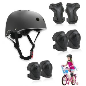 Zyluniy Protection Roller Enfant, 7 Pcs Sets de Protection Rollers, R&eacute;glables Coudi&egrave;res Genouill&egrave;re, Casque V&eacute;lo Enfant Kit pour Roller, V&eacute;lo, Skateboard, Trottinette - Noir (MATERSE, neuf)