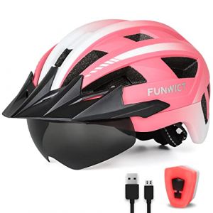 FUNWICT Casque Velo Homme Femme avec Visiere et Lunettes Détachables, Casque Vélo Casques VTT avec Feu Arrière à LED Rechargeable, Casque Cyclisme pour Adulte et Adolescent (M: 54-58 cm, Rose) (LiHong Tech, neuf)