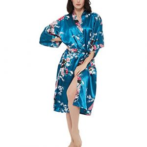 Kimono en satin imprimé rose pour femme - Paon - Robe de chambre de demoiselle d'honneur - Vêtements de nuit, Paon floral bleu paon, 3XL Plus (Roobees, neuf)