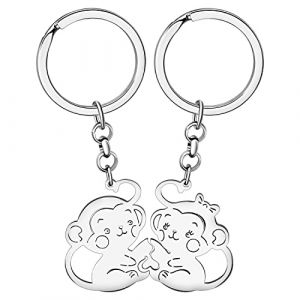 BAMAY Porte-cl&eacute; Gorille Amusant en Acier Inoxydable de voiture Couples Porte-cl&eacute; Singe de Femme Fille Cadeaux (Couples Singe Argent) (BAIFU JEWELRY, neuf)