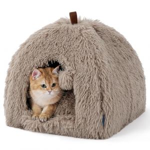 Bedsure Niche pour Chat - 40 x 40 x 40 cm Maison pour Chat en Peluche d'int&eacute;rieur avec Coussin Amovible et Jouet Suspendu, lit pour Chat Lavable, Camel (Bedsure Comfy Pet, neuf)