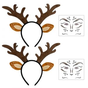 EUPSIIU 2 Pi&egrave;ces Cerceau Bandeau Bois Renne + 2 Pi&egrave;ces Tatouage Visage Renne, Serre T&ecirc;te de Bois, Bandeau de No&euml;l, Renne Antlers Bandeaux, pour Halloween, P&acirc;ques,Costume Carnaval D&eacute;guisement (Brun) (LINJIE EU, neuf)