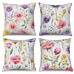 ASDCXZ Housse de Coussin Fleur 40x40 cm, Lot de 4 d&eacute;coratives pour canap&eacute; Rose Violet Jaune Feuilles Lavable Lin Textile d'ext&eacute;rieur Housse de Coussin (Qingjuan Trade, neuf)