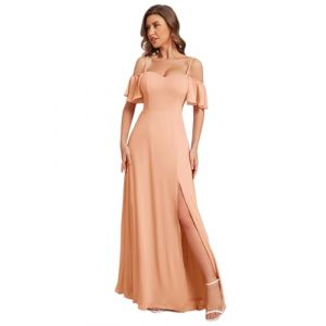 Ever-Pretty Robe de Soir&eacute;e Longue Femme &Eacute;paules D&eacute;nud&eacute;es &agrave; Bretelles &agrave; Volants Fendue en Mousseline Fluide Rose Fonc&eacute; 46 (Ever-Pretty Plus, neuf)