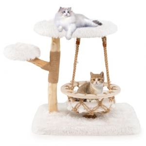 GYMAX 66cm Arbre &agrave; Chat, Branches en Bois Massif, Panier Suspendu, Perchoir, Plateforme Rembourr&eacute;e de Peluche Douce, Griffoir en Jute, Tour d'Activit&eacute; de Chat Mignon pour Se Reposer, Jouer, Aiguiser (GYMAX EU, neuf)