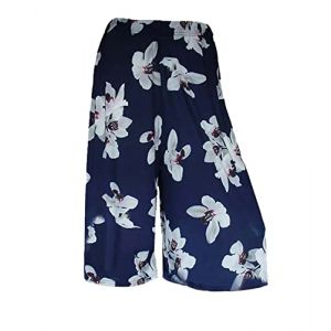 WEAR THE FASHION Jupe-culotte courte extensible à taille élastique pour femme, longueur 3/4, jambe large, grande taille, Lys blanc bleu marine, 44-46 (BONAINZA, neuf)