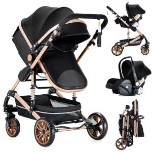 Nine point nine Poussette 3 en 1, Poussette Bebe avec Double Modes de Poussée Réversibles, Poussette Canne avec Grande Nacelle Confortable, Pousette avec Cadre Aluminium Haute Paysage (739 Black Gold) (Kaiwen baby products, neuf)