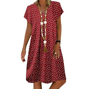 Minetom Robe Été Femme de Plage Rétro Bohême Robes Col V Robes au Genou Manches Courte Polka Dot Casual Grande Taille Tuniques Ample C Rouge 46 (Mon Bon Coup FR, neuf)